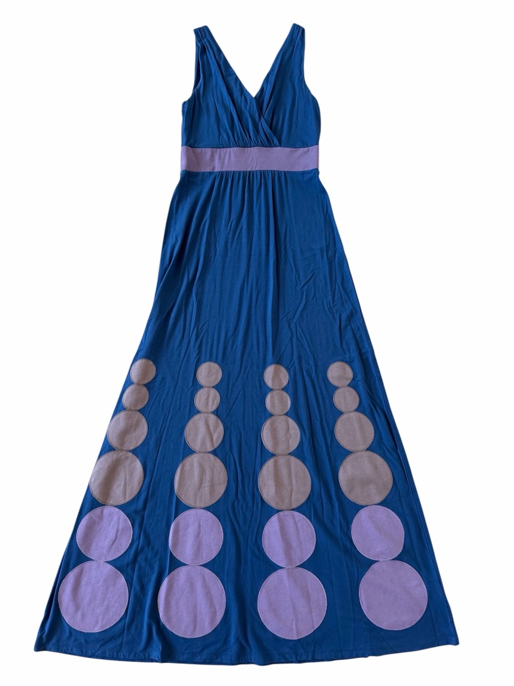 Boden Blue Jersey Maxi Dress Size 2 Geometric Circle Applique Boho Retro Y2K Art